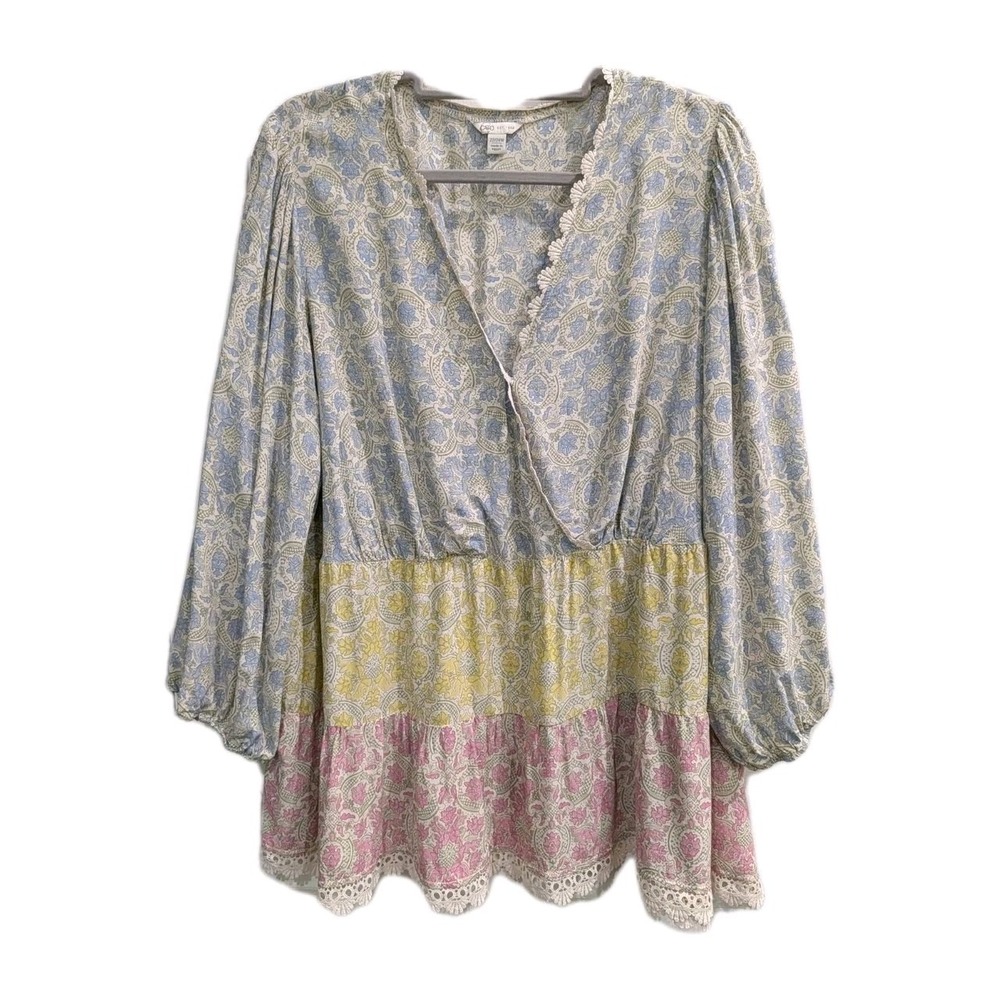Cato Womens Paisley Boho Blouse 3X Tiered Pastel Crochet Lace Spring Peasant
